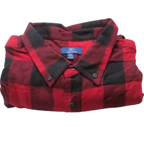 George Men Red Black Plaid Long Sleeve Button Down Shirt - Picture 1 of 1